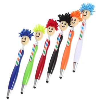 6 adet Peluş Saç Paspas Kafası Kalem Karikatür Öğrenciler Yazma Kalem Plastik Tükenmez Kalem (Çeşitli Renk)