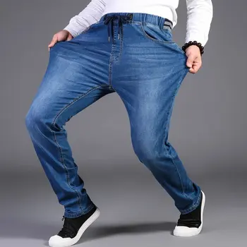 Artı Boyutu L-7XL Erkek Kot Bahar Sonbahar Moda Rahat Klasik Ince Gevşek Düz Elastik Bel İpli Uzun kot pantolon