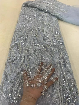 Düğün Dantel Sequins Kumaş Kadın Parti Gelin 5 Yard Yüksek Kaliteli El Yapımı kristal boncuklar Lüks Fransız Net Boncuklu Afrika Tül