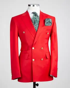 Kırmızı Kruvaze erkek Takım Elbise 2 Parça Blazer 2020 Damat Smokin Çentikli Yaka Düğün Takımları Groomsmen (Blazer + Pantolon)