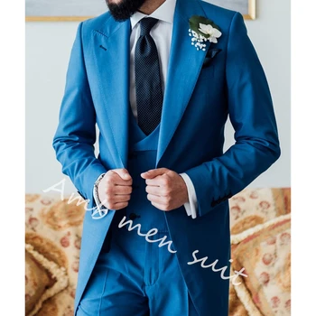 Mavi Ceket Setleri Uzun Düğün Tam Takım Elbise Erkekler İçin Son Tasarım Slim Fit Özel Damatlar Smokin 3 parça Zarif Elbise Homme Giysi