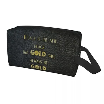 Seyahat Altın Her Zaman Altın makyaj çantası Sevimli Siyah Deri Altın Harfler Kozmetik Makyaj Kadın Güzellik Depolama Dopp Kiti Durumda