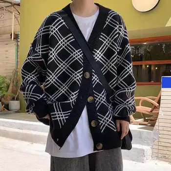 Sonbahar Erkek Hırka Ekose Baskı Uzun Kollu V boyun kazak Ceket Tek göğüslü Sıcak Tutmak Anti-shrink Erkek Ceket Açık