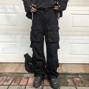 Pantolon Kargo Sokak Siyah Rahat Yüksek Tulum Unisex Erkekler İçin Pantolon Çok cepler Büyük Boy Gevşek Bacak Harajuku Düz Geniş