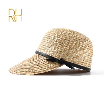 RH Yeni Kadın Vizör güneş şapkaları Kadın Geniş Ağızlı Buğday Samanı Yaz Rahat Gölge Plaj Kap Moda Deri Yay güneş şapkaları